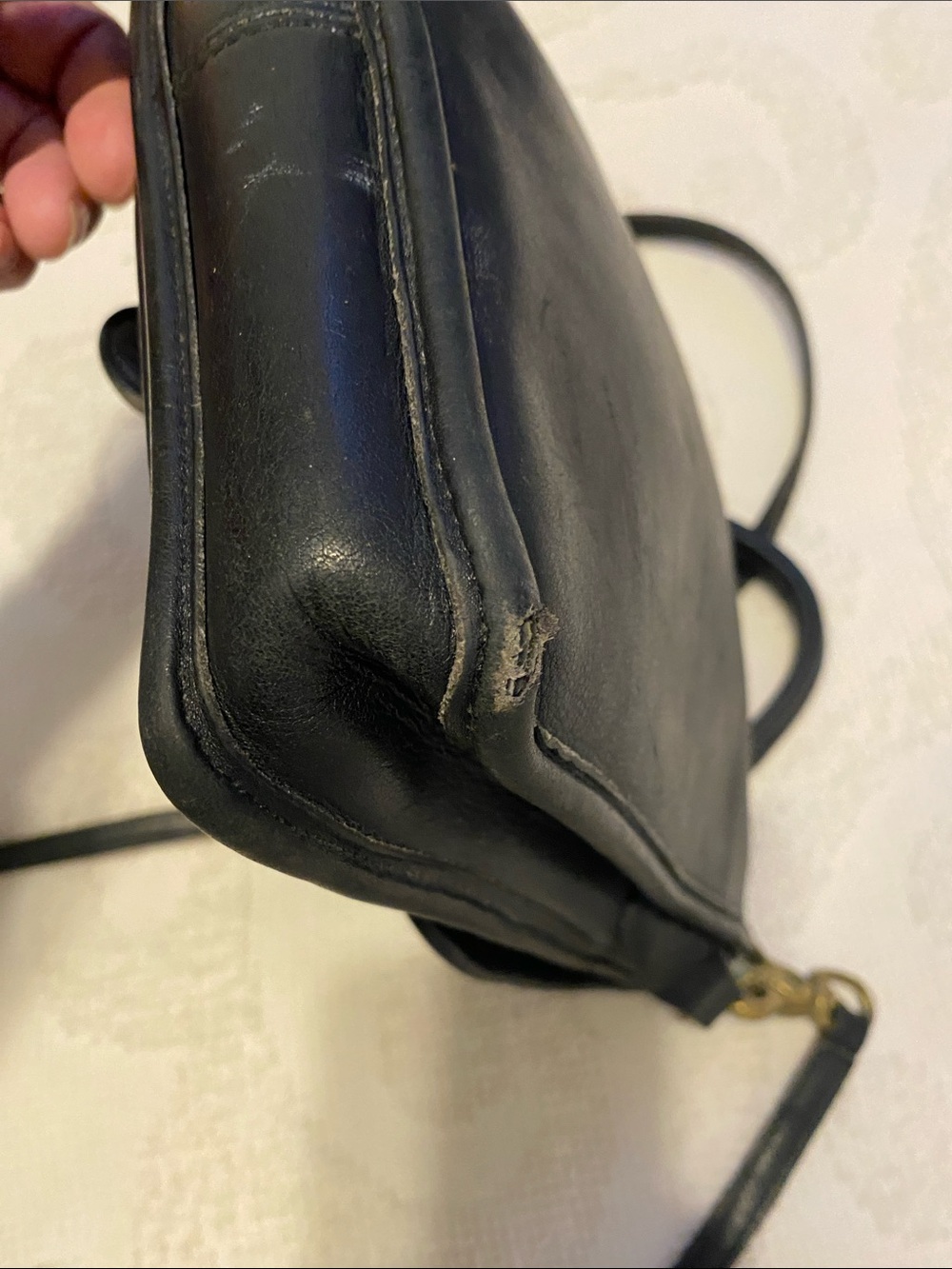 Coach Black Leather Messenger Bag with Gold-Tone Turn Lock, has some wear. - Picture 5 of 14